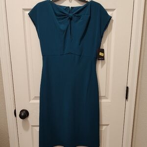 MARINA Blue Midi Dress with Cowl Neck and Cap Sleeves for Work